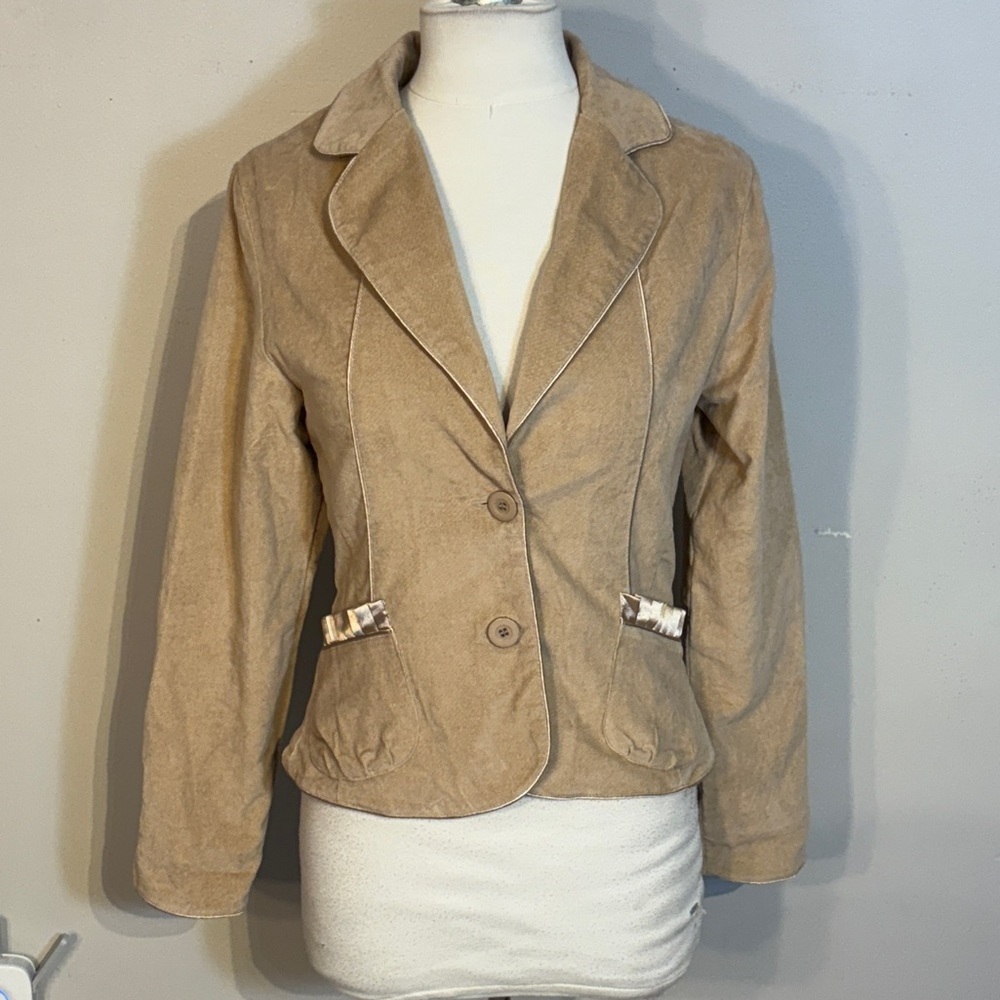 Tan Tailored Blazer with Notched Lapel satin piping and detail at pockets